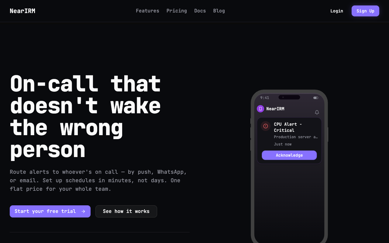 Screenshot of NearIRM project showing an on-call and incident management tool built for